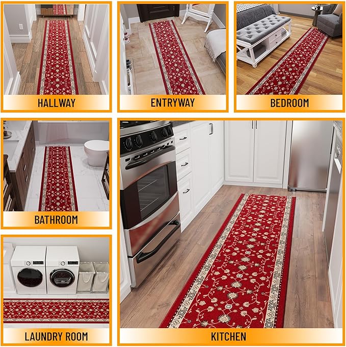 Ottomanson Aisle Runner Rug 1'10.5" x 40' – Soft Non-Slip Rug, Low Pile Carpet for Hallways, Events, Churches & Extra-Long Indoor Spaces, Mahal Red
