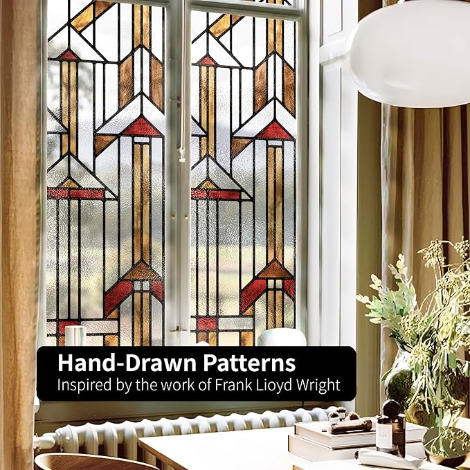 Faux Stained Glass Effect Window Privacy Film, Original Hand Drawn Static Cling Texture Sticker Inspired by Frank Lloyd Wright, 22.83" x114.17" Hollyhock House, Boho