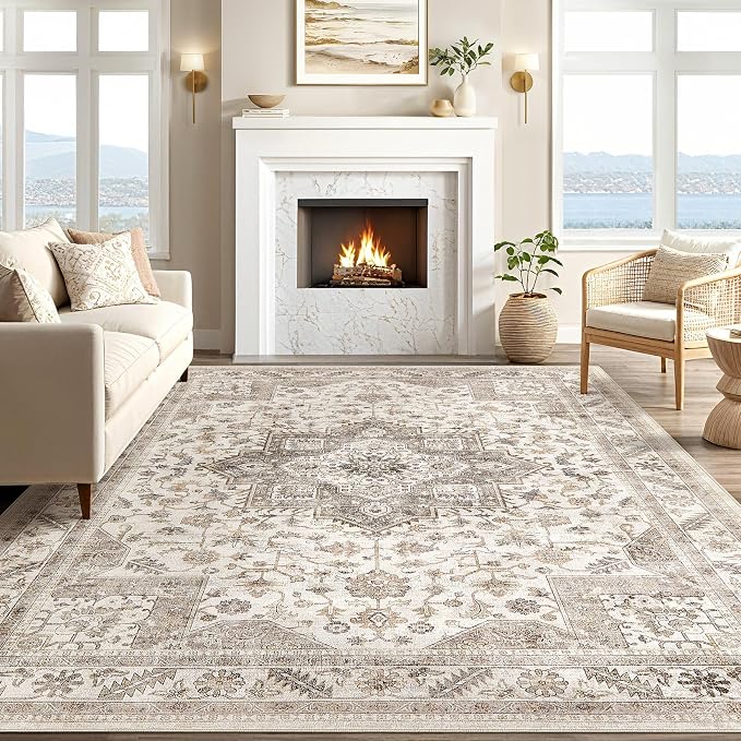 Vintage Living Room Area Rug 9X13 - Large Soft Washable Oriental Traditional Distressed Farmhouse Rugs for Bedroom - Indoor Floor Accent Carpet for Home Office House Decor - Light Brown