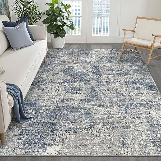 5x7 Area Rugs Living Room: Washable Large Neutral Rug Abstract Soft Modern Stain Resistant Indoor Floor Non-Slip Carpet for Bedroom Nursery Kids Office Playroom Dining Room Under Table- Blue Gray
