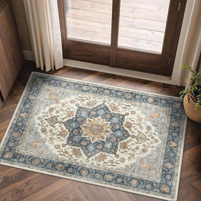 GENIMO Area Rug 2x3 Doormat, Machine Washable Low Pile Rugs, Small Retro Entryway Mat for Entrance, Hallway, Kitchen and Corridor, Vintage Blue Medallion
