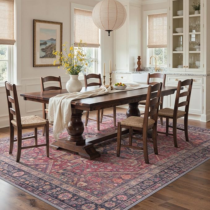 GENIMO 8x10 Area Rugs for Living Room, Machine Washable Non Slip Rugs, Low Pile Lightweight Print Rug for Bedroom, Dining Room, Home Office, Vintage Scarlet