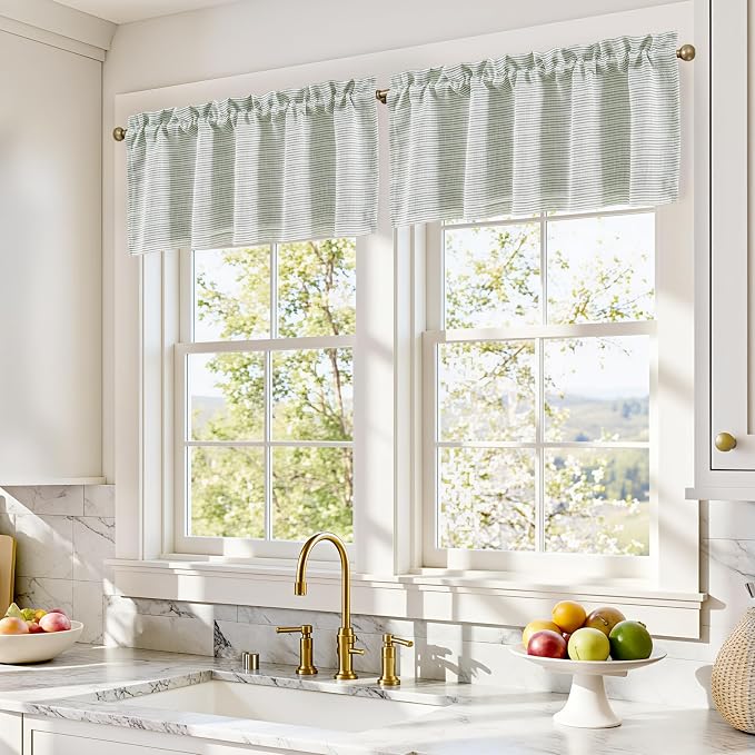 DriftAway Blackout Ticking Striped Curtain Valance 18 Inches Loden Green | Double Layer Farmhouse Country Rustic Stripe Yarn Dyed Woven Thermal Insulated Rod Pocket Valance for Living Room