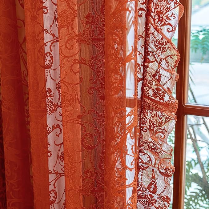 TUDECO Orange Kitchen Curtains 45 Inch Length 2 Panels - Funky Lace Ruffle Rust Sheer Curtains for Small Window, Boho Sheer Rod Pocket Privacy Short Cafe Curtain, 59W x 45L Inch, Terracotta