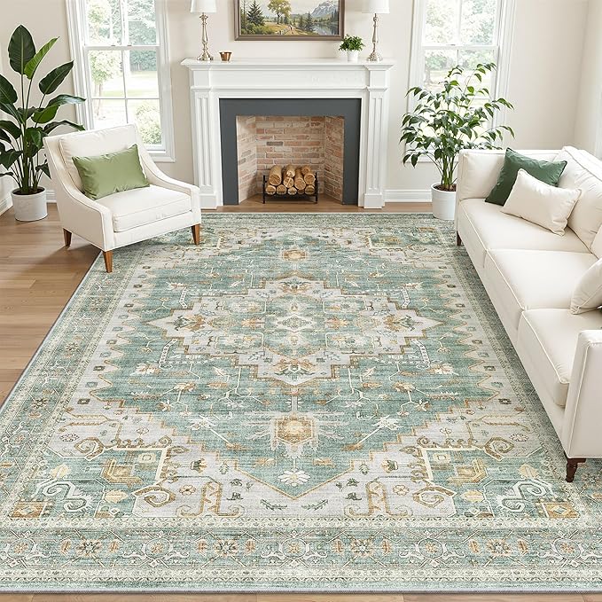 befbee 8x10 Area Rugs for Living Room, Stain Resistant Neutral Washable Rugs for Dining Room, Floral Vintage Non-Slip Thin Large Size Area Rug （Green）