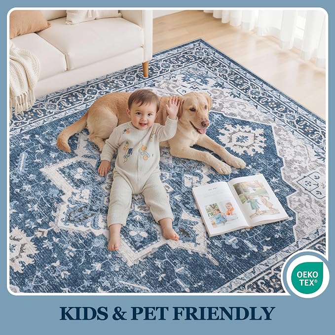 5x7 Area Rugs for Living Room:Blue Washable Vintage Medallion Boho Rug Non-Slip No Slip Stain Resistant Soft Low Pile Large Rugs Indoor Retro Carpet for Bedroom Nursery Dining Office (Blue 5'x7')