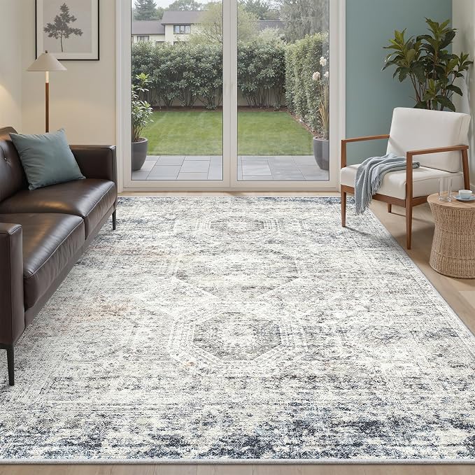 Soalmost 7x9 Area Rug for Living Room Washable Abstract Vintage Soft Thin Indoor Floor Non-Slip Carpet for Bedroom Dining Room Blue Ivory