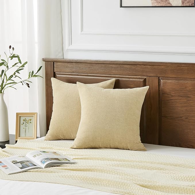 GAWAMAY Decorative Square Throw Pillow Covers 20x20 Inch Set of 2, Super Soft Chenille Pillows Farmhouse Fall Pillowcase for Living Room Bedroom Sofa Couch Cushion Cover Khaki 50x50cm (No Insert)