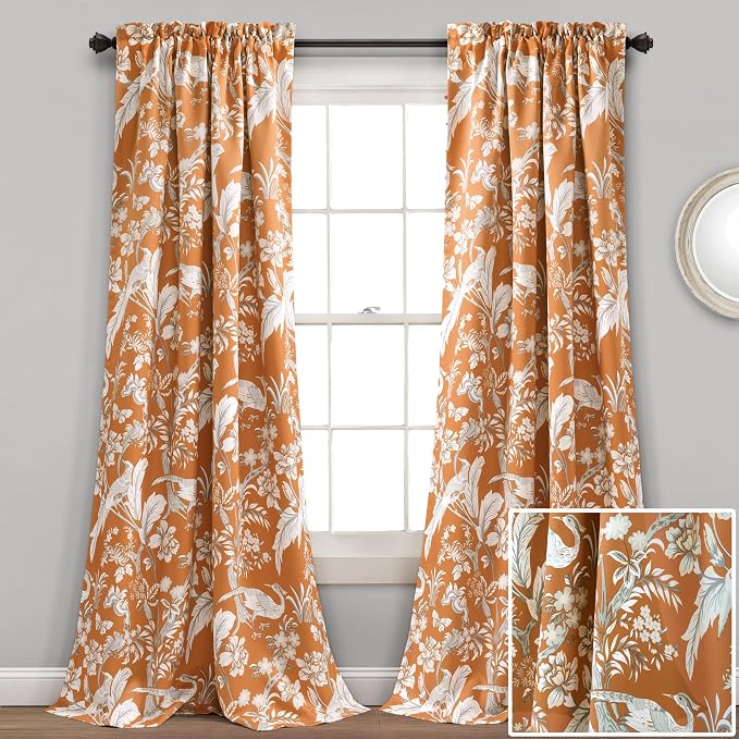 Lush Decor Dolores Light Filtering Window Panels, Pair, 52" W x 84" L, Orange - Floral Curtains for Bedroom - Vintage Curtains - Coquette Room Decor