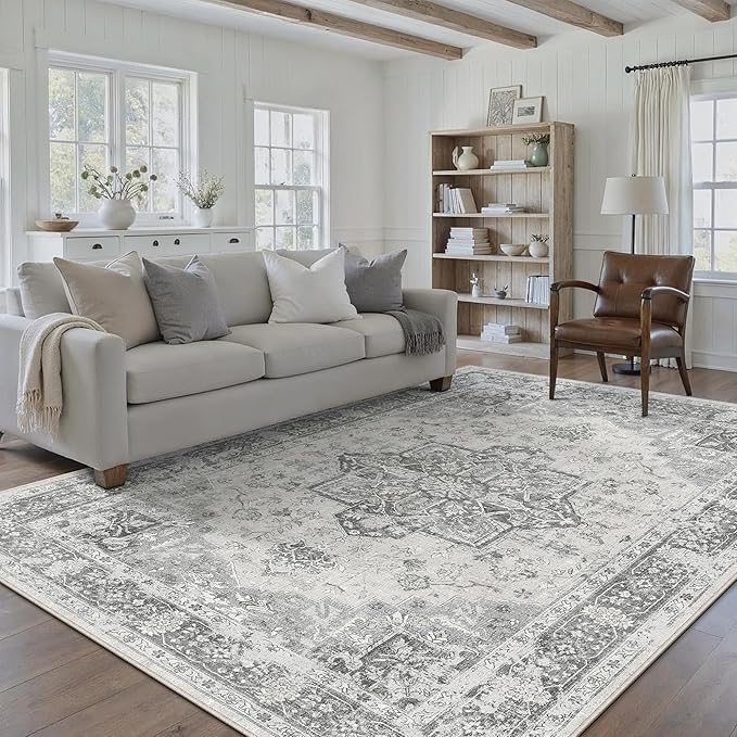 PureCozy Gray 5x7 Area Rug Washable Vintage Living Room Carpet Non Slip Retro Distressed Low Pile Soft Oriental Medallion Thin Grey Throw Rug for Kitchen Bathroom Office Bedroom Dining Room