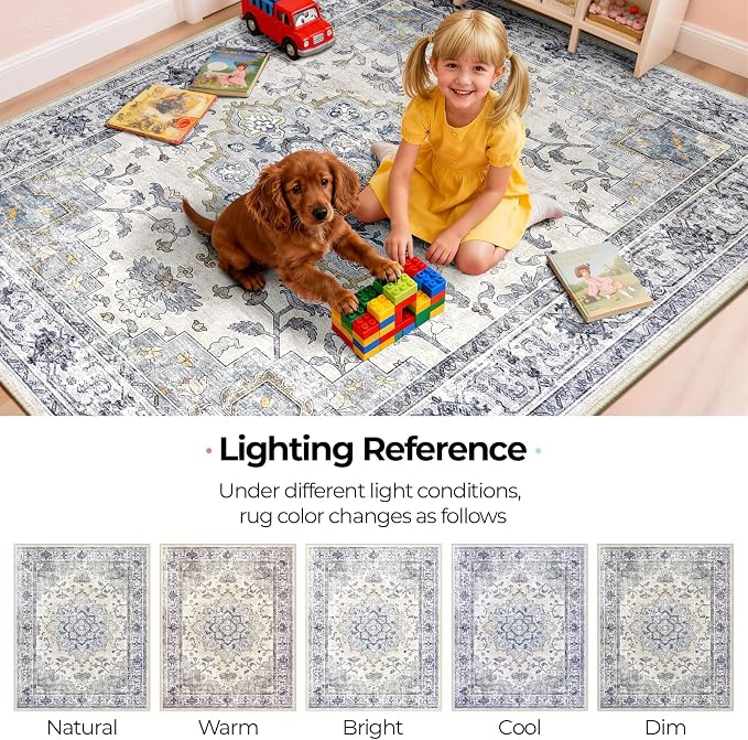 CAPALOCA Machine Washable Rugs Nursery Rug 9x12 Area Rugs Girl Non Slip Low Pile Water Repellent Soft Print Pattern for Bedroom Indoor Decor Kids Playroom Blue White