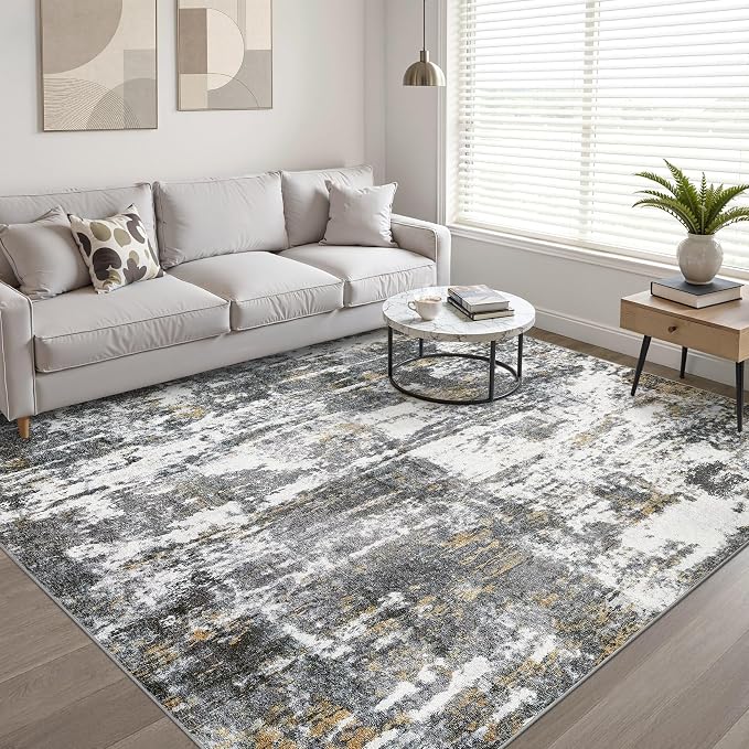 8x10 Area Rugs Living Room: Washable Large Neutral Rug Abstract Soft Modern Stain Resistant Indoor Floor Non-Slip Carpet for Bedroom Nursery Kids Office Playroom Dining Room- Black White Gold