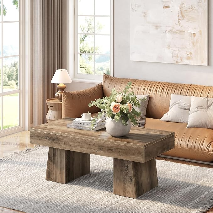 LITTLE TREE Farmhouse Coffee Table, 47 Inches Wooden Rectangular Accent Center Tables with Thick Base, Modern Low Cocktail Tea Furniture for Living Room (Rustic Brown)