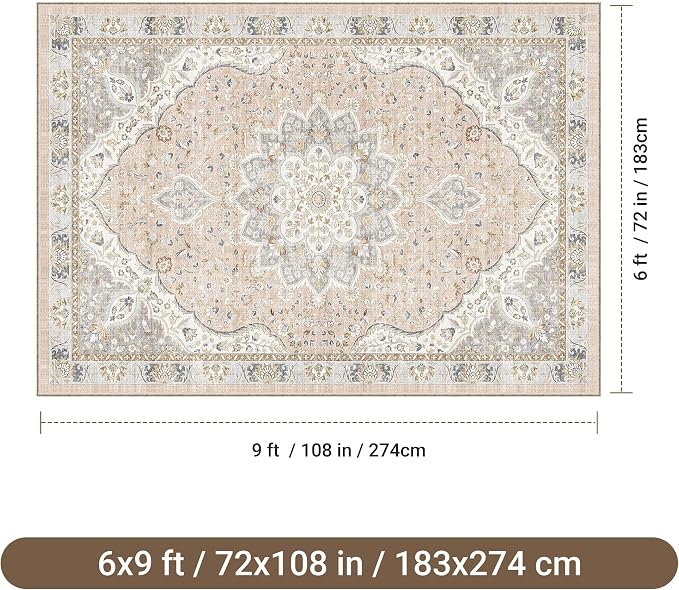 befbee 6x9 Area Rugs for Living Room - Stain Resistant Machine Washable Rugs for Bedroom,Non-Slip Backing Large Area Rug (Peach/Gray, 6'x9')