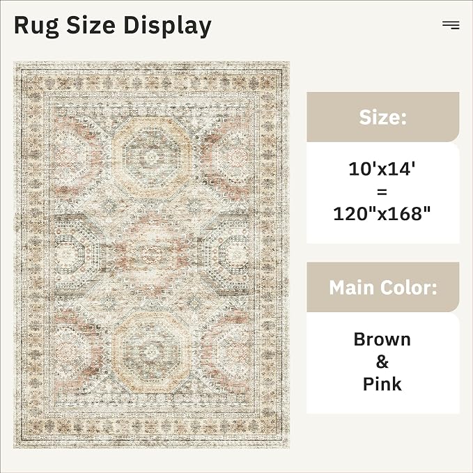 Soalmost 10x14 Area Rugs for Living Room, Non Slip Machine Washable Vintage Rugs, Low Pile Lightweight Large Rug for Bedroom, Dining Room, Home Office Brown Pink