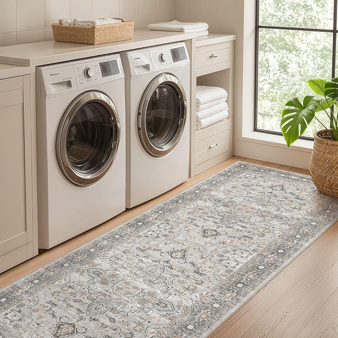 Runner Rug Kitchen Washable Rugs: 2x6 Non-Slip Boho Soft Vintage Stain Resistant Indoor Floor Neutral Farmhouse Throw Carpet for Hallway Bathroom Laundry Room Entryway Bedroom- Taupe