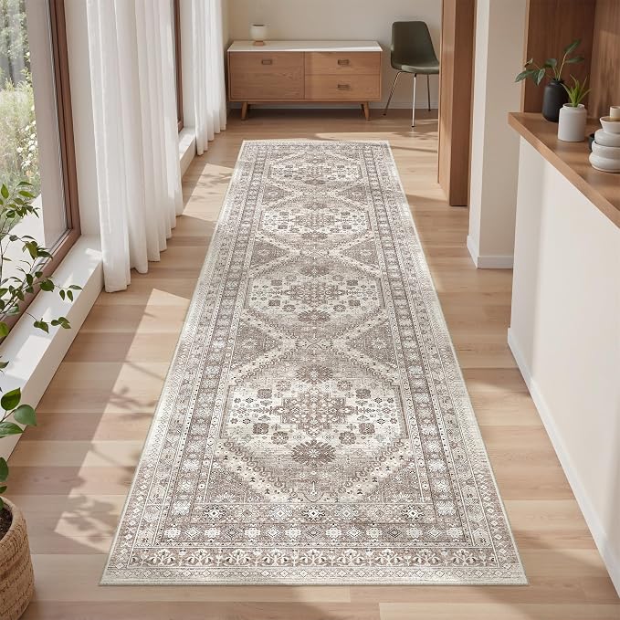 befbee 2x8 Runner Rug Washable Hallway Runner Rug Ultra-Thin Soft Kitchen Rug Non Slip Indoor Floor Foldable Carpet with Low Pile for Bathroom Laundry Room Living Room Entryway(Brown/Beige,2'x8')