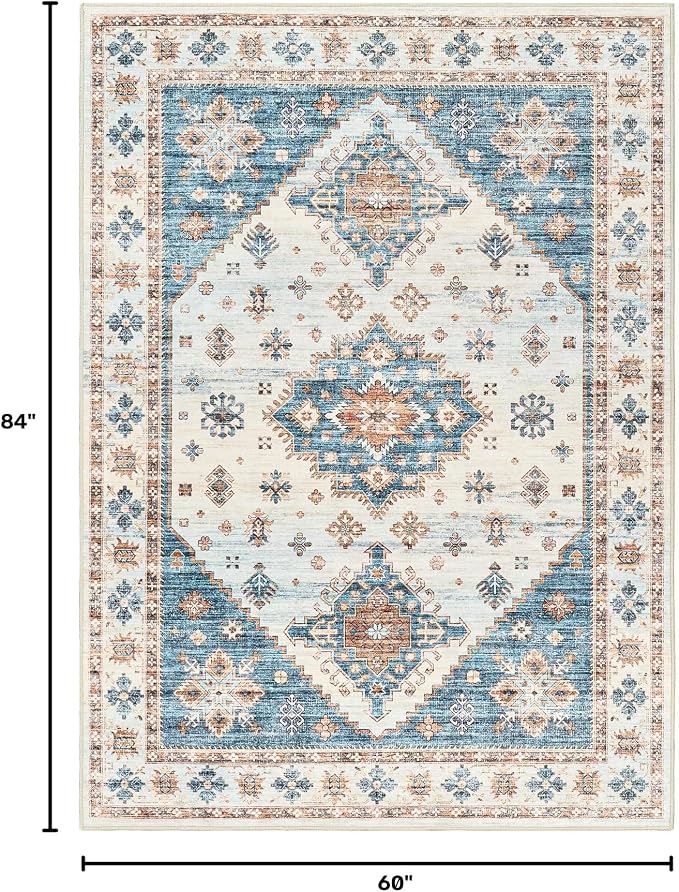 Roxstand Area Rugs 5x7, Low Pile Non-Slip Backing Rugs, Super-Soft Home Decor Washable Rugs 5x7 Under Table, Foldable Floral Vintage Area Rug for Living Room (Blue/Beige, 5'x7')