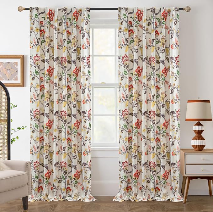 DriftAway Ada Floral Botanical Print Flower Leaf Lined Thermal Insulated Room Darkening Linen Blackout Back Tab Window Curtains 2 Layers Set of 2 Panels Each 52 Inch by 90 Inch Orange Terra Cotta