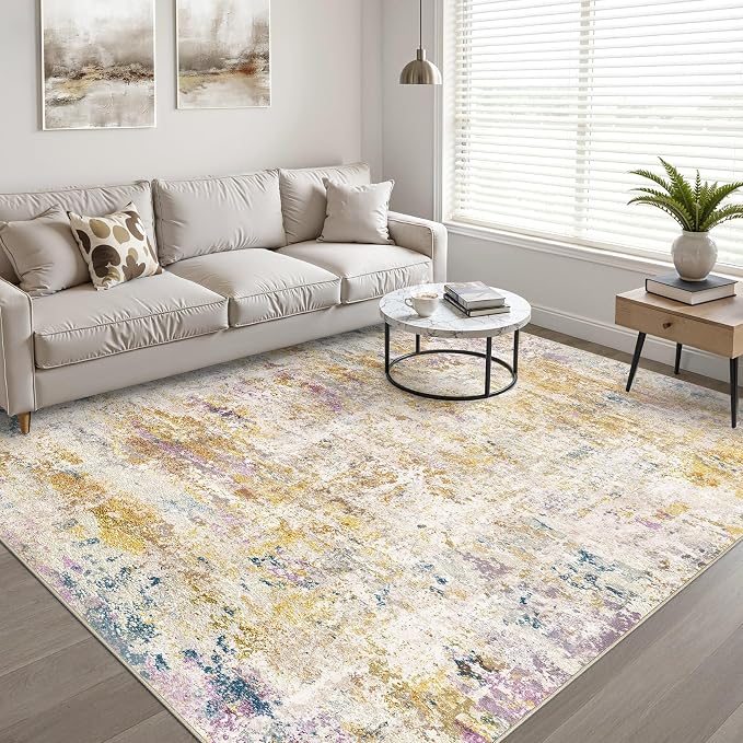 8x10 Area Rugs Living Room: Washable Large Neutral Rug Abstract Soft Modern Stain Resistant Indoor Floor Non-Slip Carpet for Bedroom Nursery Kids Classroom Playroom Dining Room- Gold Multi