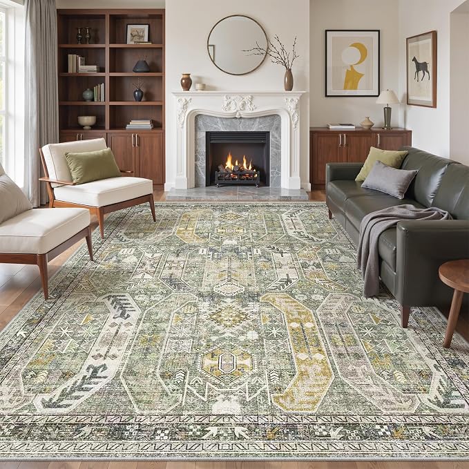 befbee 9x12 Area Rug,Ultra-Thin Washable Rugs for Living Room,Non-Slip Lightweight Foldable Area Rug,Stain Resistant Vintage Large Rugs (Green/Gold, 9'x12')