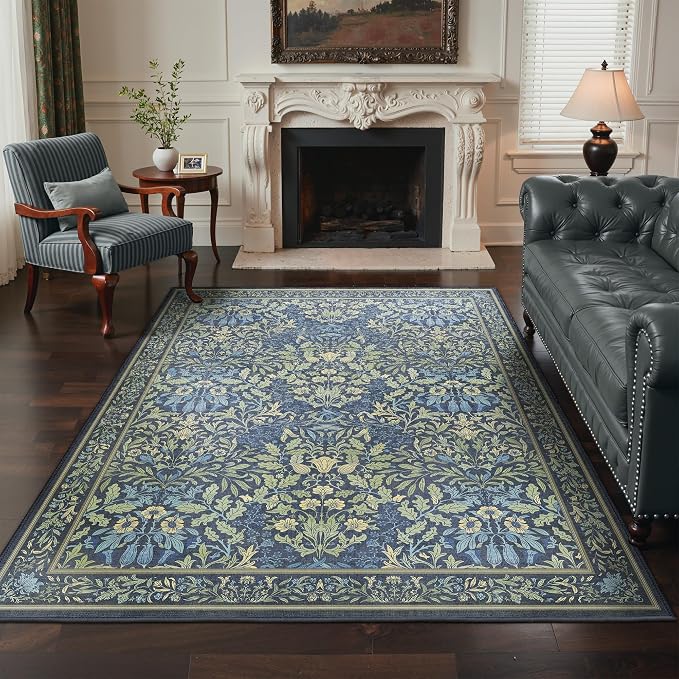 GENIMO 3x5 Washable Entryway Rug, Non Slip Bedroom Mat, Dark Blue | Vintage Boho Floral Low Pile Thin Carpet for Bedroom, Dining Room, Nursery, Indoor Decor