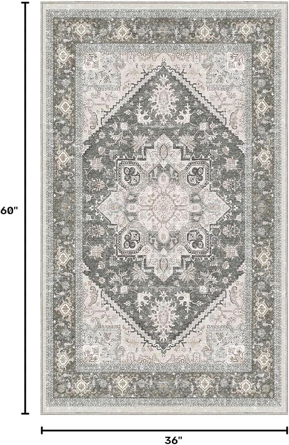 OPPODREAM Soft Area Rugs 3x5, Washable Rugs with Non Slip Backing, Low-Pile Throw 3x5 Carpet, Faux Cashmere 3 x 5 Carpet, Greenish Grey