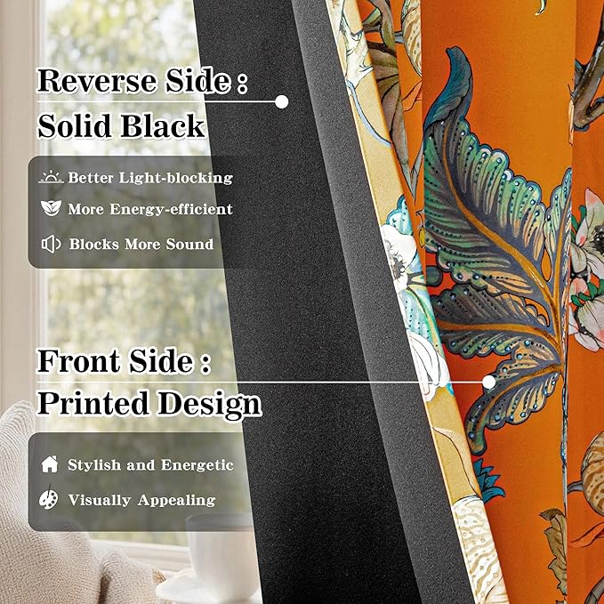 MYSKY HOME 95% Blackout Floral Curtains 72 inches Long Black Out Thermal Insulated Privacy Protect Vintage Spring Flower Print Room Darkening for Living Room Dining Room, 2 Panels, 52" x 72", Orange