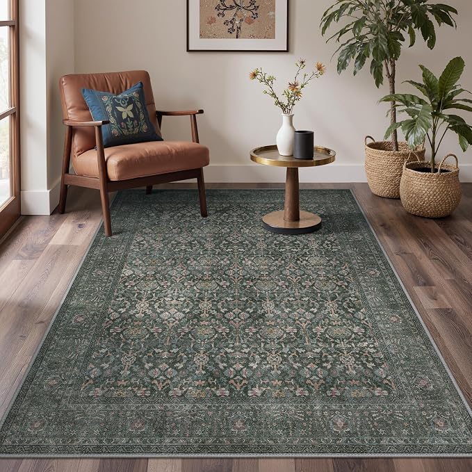 Bavni 2.6x7 Rug Runners for Hallways, Washable Runner Rug Non Slip,Vintage Floral Print Style Rugs for Bedroom-Lightweight Low Pile Carpet for Hallways Bathroom, Dark Green