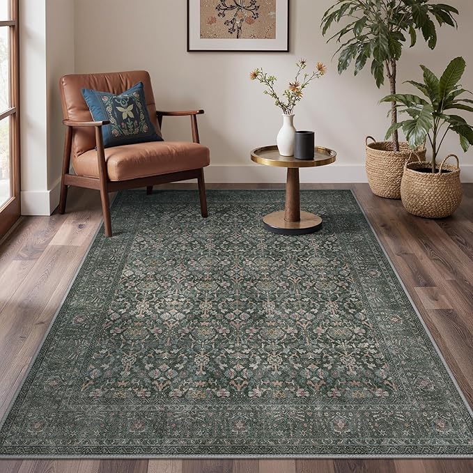 Bavni 2x10 Rug Runners for Hallways, Washable Runner Rug Non Slip,Vintage Floral Print Style Rugs for Bedroom-Lightweight Low Pile Carpet for Hallways Bathroom, Dark Green