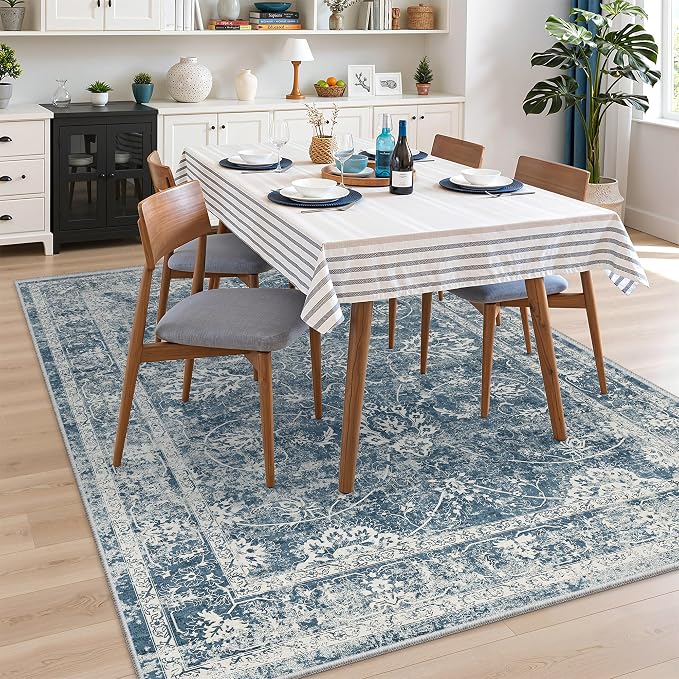 Madane Washable 6x9 Area Rugs for Living Room, Vintage Rug with Non-Slip Backing, Soft Stain Resistant Throw Rugs Thin Carpet for Bedroom Dining Room Farmhouse (6 x 9, Blue)