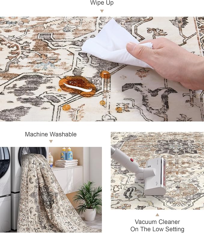 befbee 9x12 Area Rugs for Living Room,Ultra-Thin Washable Rug, Non-Slip Lightweight Foldable Area Rug, Stain Resistant Vintage Large Rugs(Brown/Grey,9'x12')