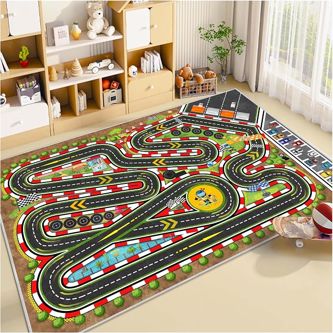 Kids Racing Rug 63''X94'' Car Road Kid Rug Carpet Playmat for Playoom Traffic Road Kid Play Mat for Bedroom，Kids Educational City Traffic Road map Fun Carpet (Brown)