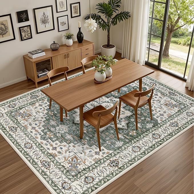 6x9 Area Rugs Living Room Rug: Washable Vintage Boho Medallion Rug No Slip Stain Resistant Soft Carpet Indoor Large Carpets for Bedroom Dining Room Farmhouse Nursery Hallway Home Office Green Ivory