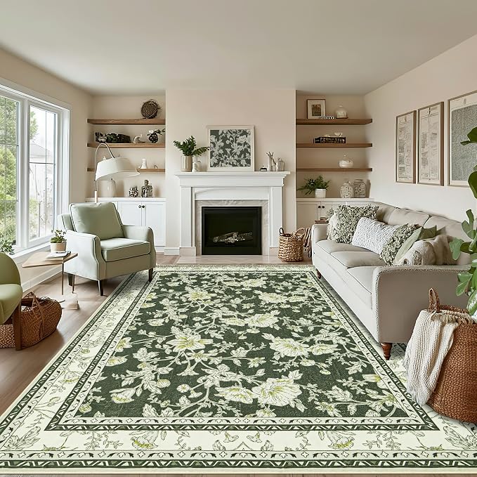 Olive Green Area Rugs 6x9 Living Room Washable Boho Vintage Sketch Floral Cream Beige Rugs for Bedroom Non Slip Soft Carpet for Dining Room Kids Girls Nursery, Lounge Peony Lily Pattern Floral Rug