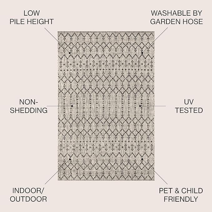 JONATHAN Y Moroccan Geometric Indoor Outdoor Square Area Rug 5X5 Light Gray/Black, Ourika Textured Weave for Backyard, Patio, Porch, Easy-Cleaning, High Traffic Pet-Friendly, Non-Shedding SMB108E-5SQ