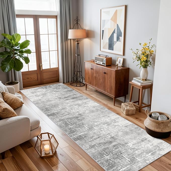 Washable 2x10 Kitchen Runner Rug: Abstract Farmhouse Bathroom Entryway Rug Soft Stain-Resistant Hallway Floor Mat Non-Slip Indoor Non-Shedding Carpet for Nursery Living Room Bedroom (2x10,Light/Grey)