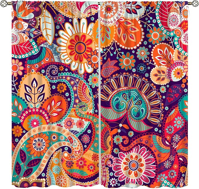 Colorful Floral Bohemian Curtains, Tribal Ethnic Geometric Abstract Patterns, Blackout Curtains for Bedroom Living Room63X72 Inch