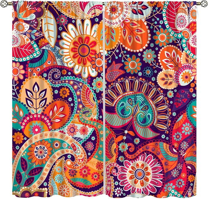 Colorful Floral Bohemian Curtains, Tribal Ethnic Geometric Abstract Patterns, Blackout Curtains for Bedroom Living Room42X54 Inch