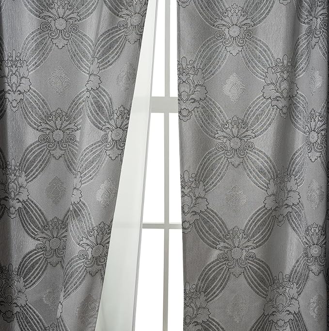 Petrichor Elegant Curtains with Gold Silver Threads 2 Panels Set - Luxury Window Treatment Attached Valance, Sheer Backing, and 2 Tie Backs for Bedroom and Living Room, 54x84 inches, Silver