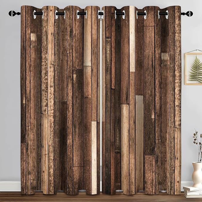 iTapnoom Rustic Wooden Brown Blackout Curtains, Retro Farmhouse Wood Board Door Living Room Bedroom Decor Thermal Curtain Darkening Grommet Window Drapes Treatments, 2 Panels 52x84 Inch