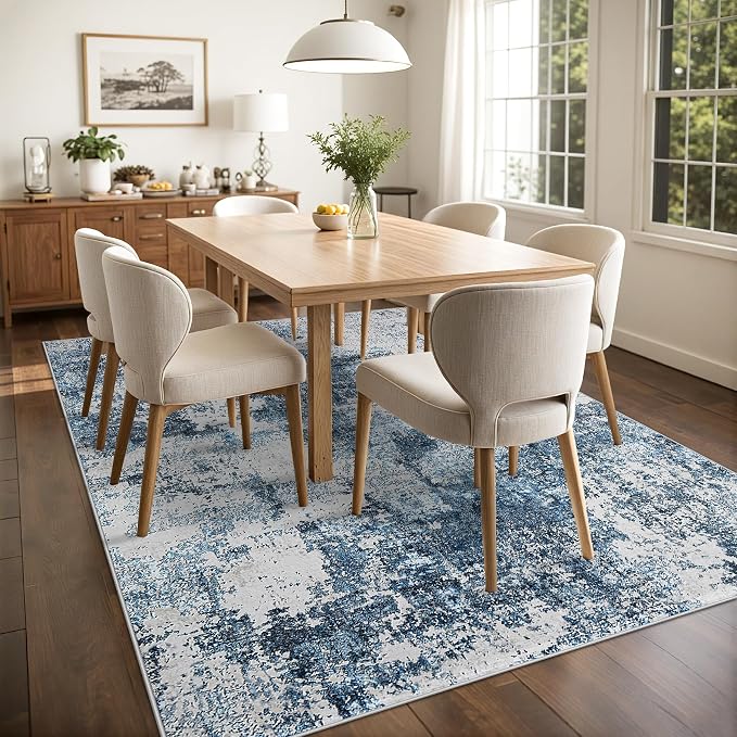 10x14 Area Rugs Living Room Rugs: Large Washable Rug with Anti-Slip Backing Non-Shedding Stain-Resistant Soft Abstract Carpet for Bedroom Dining Room Nursery Home Office- Blue
