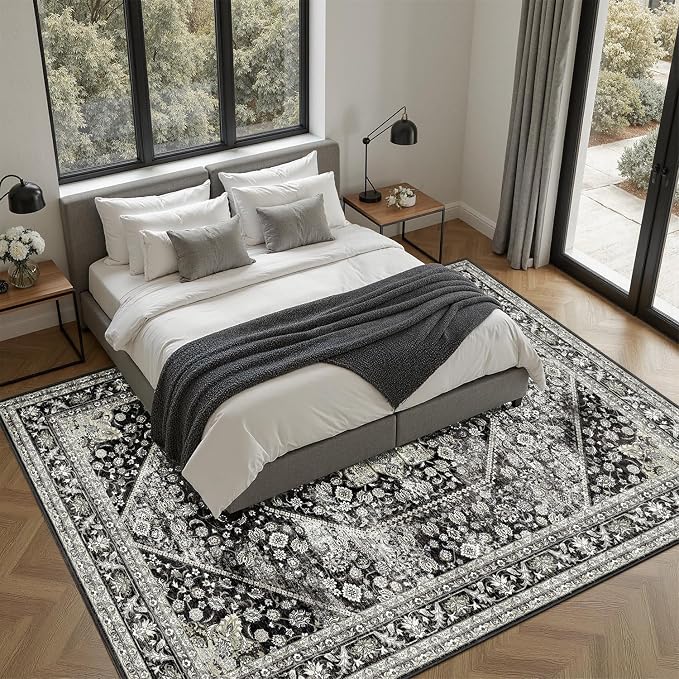DCX Machine Washable Black Area Rug 8x10, Non Slip Stain Resistant Vintage Floral Rug for Living Room Bedroom Dining Room, Soft Low Pile Large Carpet