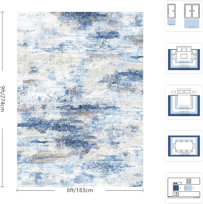 Washable Rug 6x9, Abstract Morden Soft Area Rug, Non-Slip Low Pile Rugs for Living Room, Bedroom, Dining Room, Home, Office (Rust Blue/Brown)