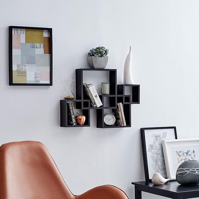 Danya B Decorative Wall Mount Floating Intersecting Cube Accent Wall Shelf - Black