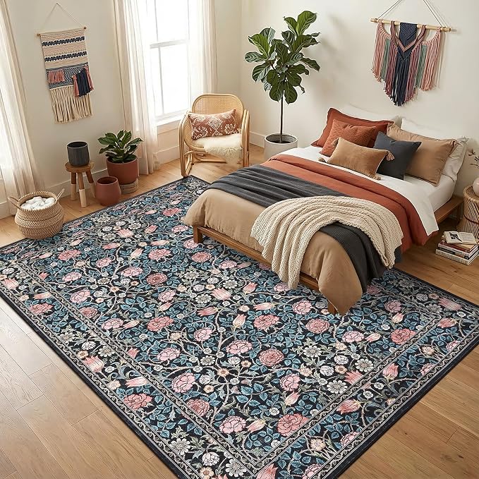 GarveeHome Indigo Blue and Pink Vintage Floral Washable 6x9 Area Rugs for Living Room Boho Retro Rug Low Pile Stain Resistance Non Slip Carpet for Bedroom Nursery Dining Room