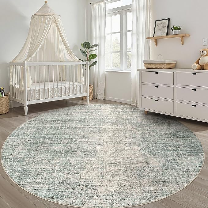 10ft Round Rug Living Room: 10x10 Washable Large Neutral Green Circle Area Rug Abstract Soft Modern Stain Resistant Indoor Floor Non-Slip Carpet for Bedroom Nursery Kids Office Playroom Dining Room