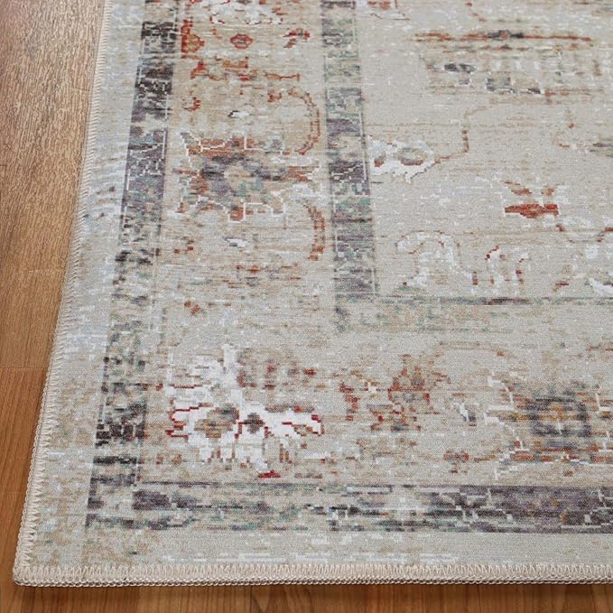 Superior Floral Scroll Washable Runner Rug, Cotton Backing, Carpet for Dining Table Mud Room, Non-Slip Rug for Hallway, Entry, Kitchen, Low Pile Area Rug, Swan Collection, 2' 7" x 8', Cream