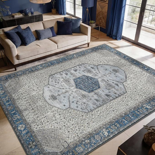 Keen Home Design 6x9 Rug - Machine Washable Area Rug with Non-Slip Backing, Ideal for Living Room, Dining Room, Bedroom - Vintage, Easy Clean, Durable, Low Pile Rug - (6' x 9')
