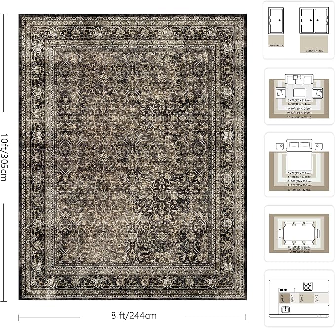 8x10 Area Rugs for Living Room - Washable Vintage Retro Large Rug, Soft Ultra Thin Non Slip Low Pile Traditional Distressed Boho Carpet for Bedroom Dining Room Home Office, Brown
